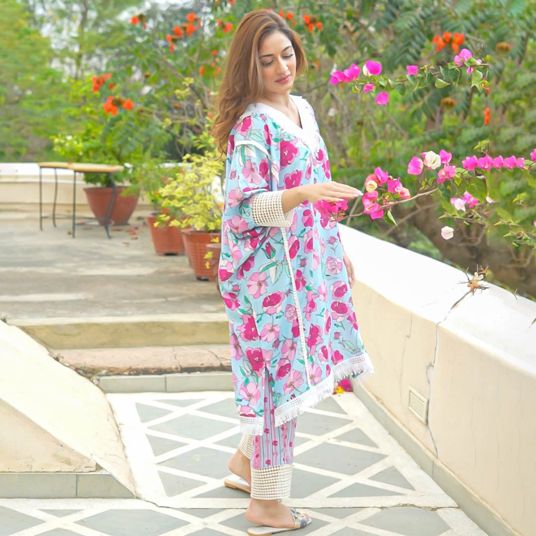 Powder Blue Pink Floral Summer Kaftan Set For Women Online